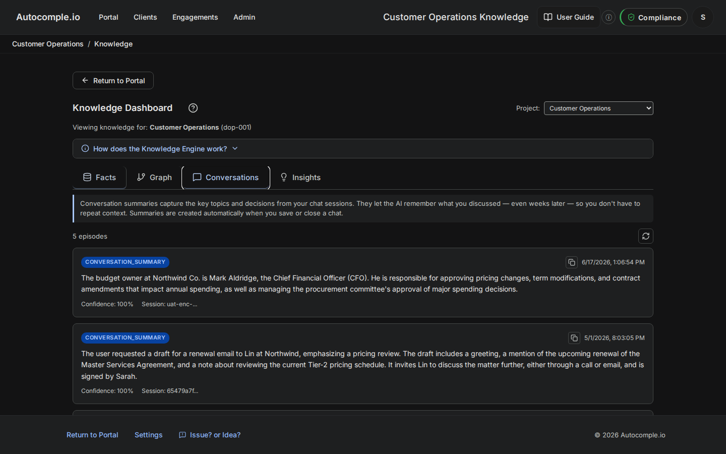 The Conversations tab for the demo workspace, showing episodic memory cards summarizing past sessions.
