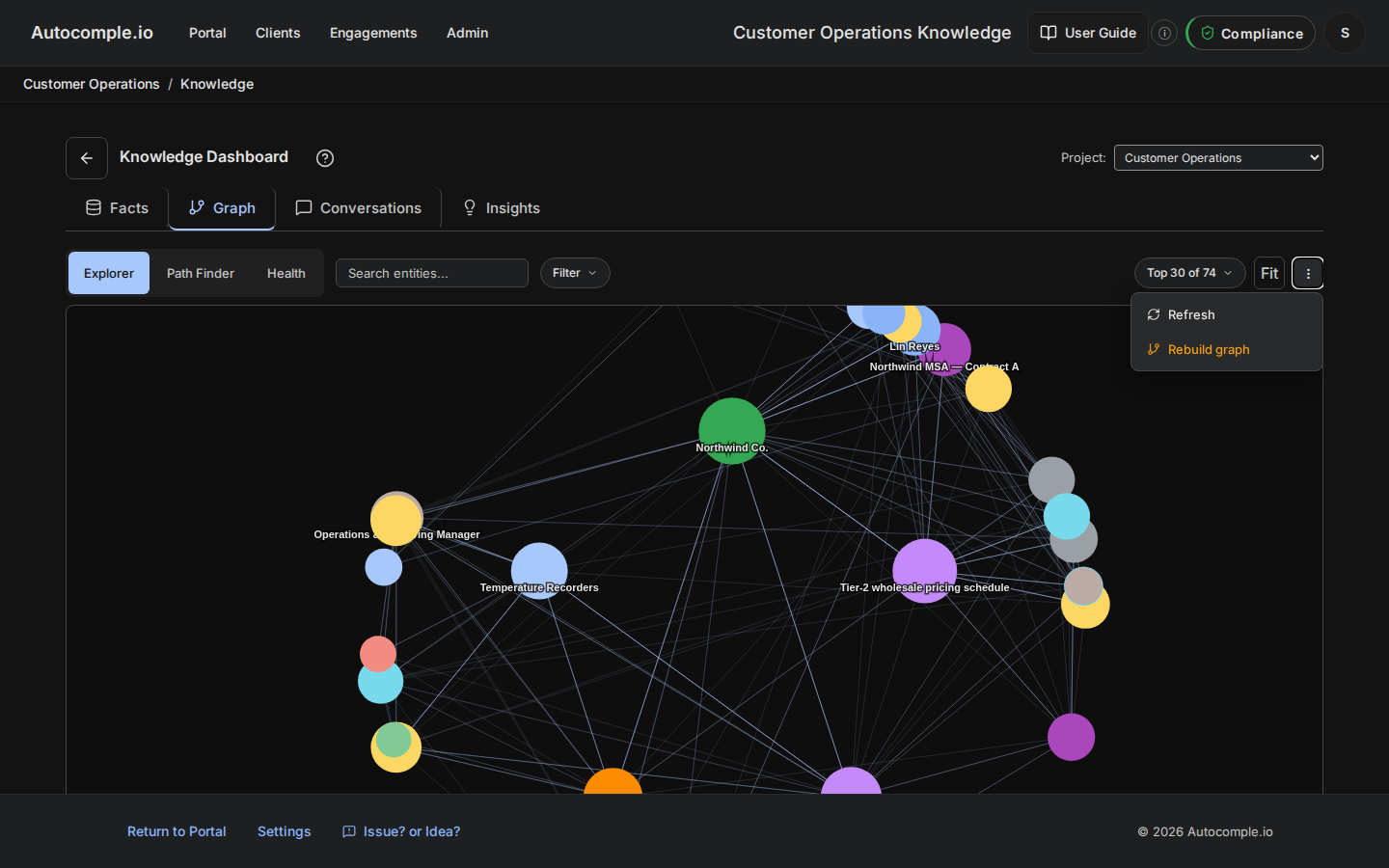The dashboard overflow menu open, showing the 'Rebuild graph from existing documents' option.