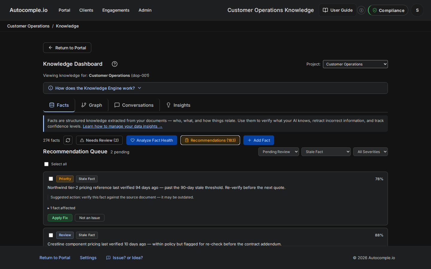 The Resolve panel open on the demo workspace's pending stale-fact recommendation, showing the confirm, dismiss, and resolve options.