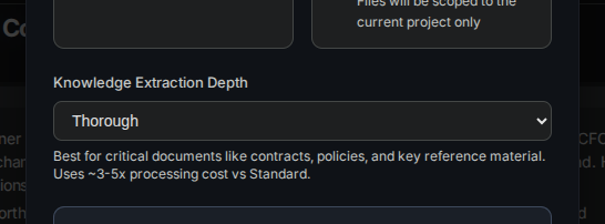 The document upload screen for the demo workspace, with the Extraction Depth selector showing Quick, Standard, and Thorough options.