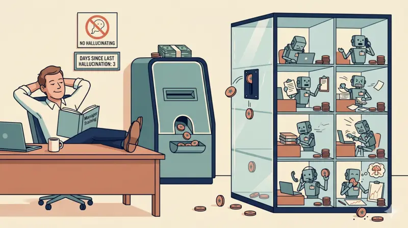 Editorial illustration of a relaxed manager with feet up at a desk while eight small AI agents work inside a transparent glass tower, fed by a vintage arcade token machine; two small wall signs read "NO HALLUCINATING" and "DAYS SINCE LAST HALLUCINATION: 3."